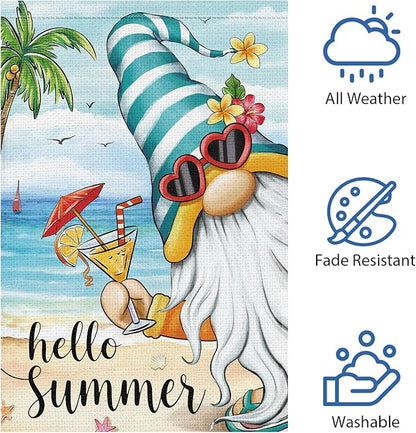 Heyfibro Hello Summer Gnome with Cocktail Garden Flag 12x18 Double Sided Burlap, Hawaii Tropical Beach Holiday Ocean Sea Welcome Flower Yard Banner for Seasonal Outdoor Party Decoration(ONLY FLAG)