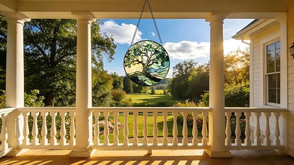 Funoasis Stained Glass Window Hanging 6.3 Inches Suncatcher - The Green Tree On The Mountaintop Ornaments Sun Catcher Home Decor Women Birthday