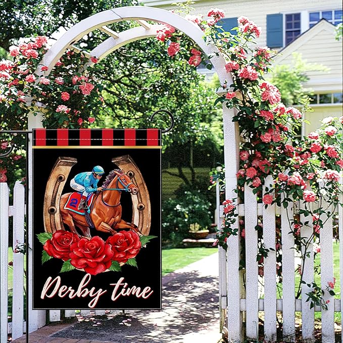 Artofy Derby Time Horse Racing Small Decorative Garden Flag, Kentucky Jockey Rose Flower Black Red Yard Lawn Outside Decor, Horseshoe Burlap Outdoor Home Decoration Double Sided 12 x 18