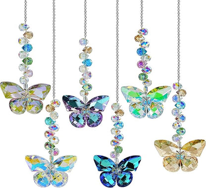 HDCRYSTALGIFTS 6PCS Crystal Butterfly Suncatchers for Window Hanging Ornaments, Rainbow Maker Sun Catchers Indoor Window Wedding Garden Home Decor Glass Ornaments for Christmas Tree Gifts