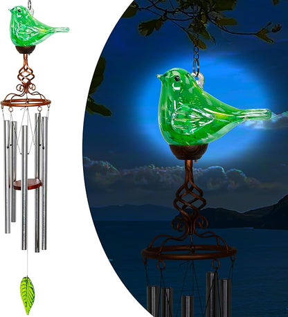 Wind Chimes, Solar Glass Bird Shape, LED, Outdoor Lawn and Patio Glass and Metal Decoration, 7 x 4 x 44 Inch (Green)