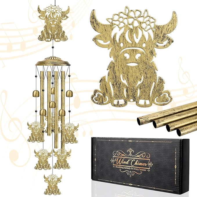 Highland Cow Wind Chimes for Outside Memorial Sympathy Gift for Women Men Outdoor Metal Windchime with Baby Cows for Garden Patio Porch Decor Christmas Birthday Festival Housewarming Gift