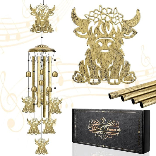Highland Cow Wind Chimes for Outside Memorial Sympathy Gift for Women Men Outdoor Metal Windchime with Baby Cows for Garden Patio Porch Decor Christmas Birthday Festival Housewarming Gift