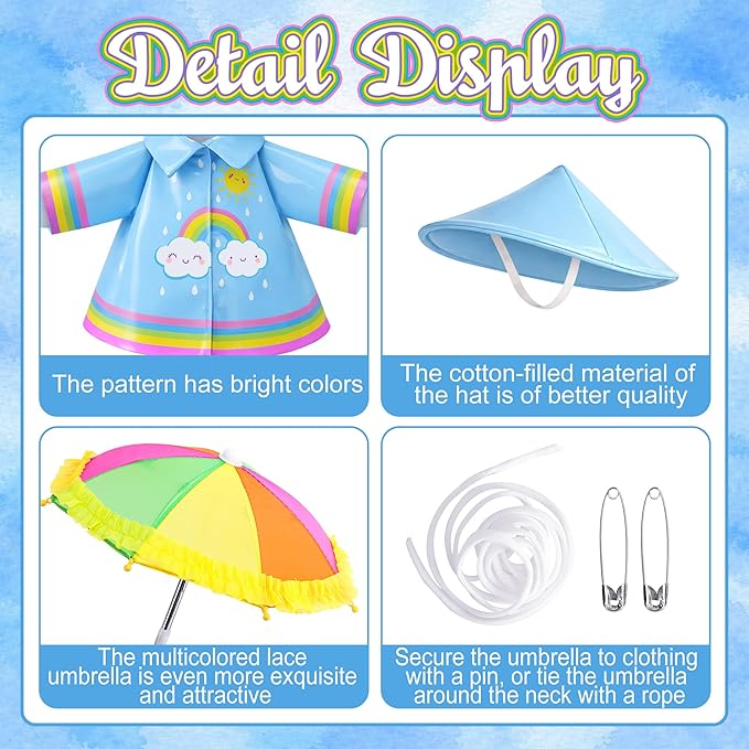 DECOHS 3 Pcs/Set Raincoat Porch Goose Outfits, Summer Lawn Goose Statue Raincoat Costume, Yard Goose Clothes Raincoats Umbrella Hat Outfit for 23" Statue Patio Garden Decoration (Blue Rainbow)