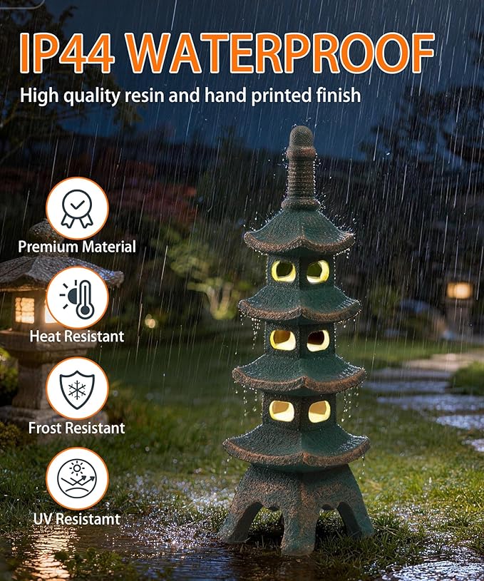 Nacome Solar Pagoda Garden Statues: 25.6 inches Multi-Layer Outdoor Waterproof Resin Zen Decor for Landscape Balcony Patio Porch Yard Ornament(Bronze)