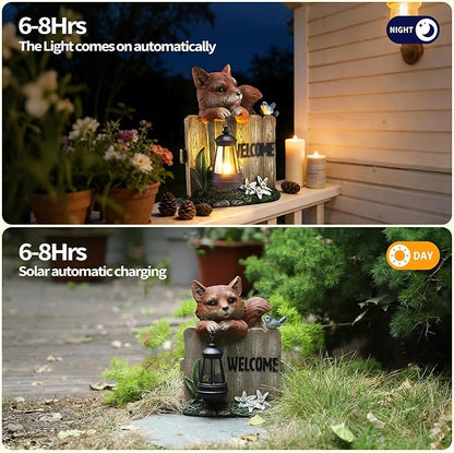 Solar Fox Garden Statue with Hanging Lantern Light, Resin Outdoor Welcome Sign Decor, Waterproof Solar Powered Garden Decoration for Yard, Lawn, Patio, 10.6"