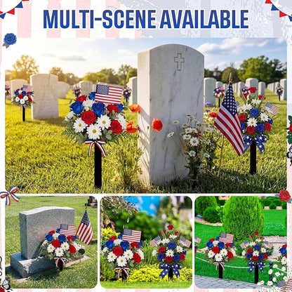 Frienda 2 Sets Cemetery Flowers Grave Stake Metal Floral Decor for Tombstone, Outdoor Gravesite Markers for Mom Dad, Memorial Day Spring Easter Grave Decor(Bouquet,Blue,Red,White)