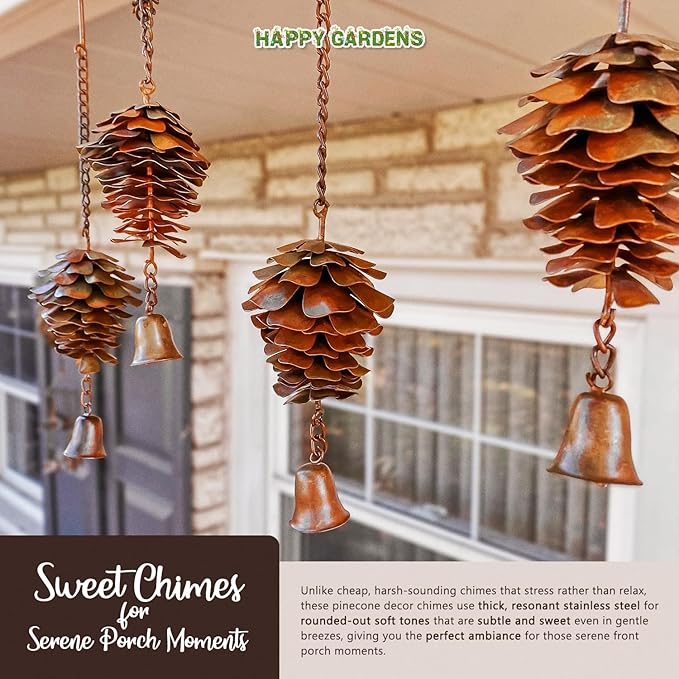 Happy Gardens Pine Cone Ornament with Bells | Bronze Metal Fall Wind Chimes, Pine Cones Decorations | Decorative Hanging Ornaments, and Garden Decor