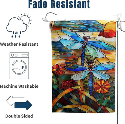 Stained Glass Dragonfly Garden Flag Spring Summer House Flag Fall Floral Decorative Yard Flags for Outside 28x40 Double Sided Large Seasonal Lawn Flags Rustic Outdoor Decor