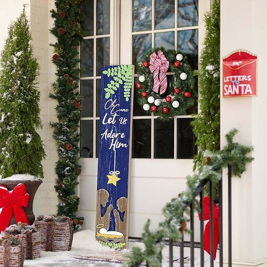 Merry Christmas Porch Sign Let Us Adore Him Wooden Welcome Sign Vertical Xmas Hanging Signs For Standing Front Porch Decor Rustic Wall Decor Home Farmhouse Yard Door Winter Decorations 47.2"H