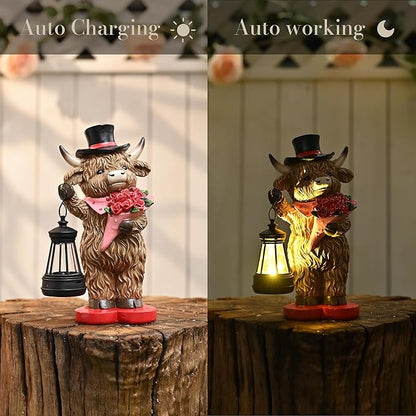 TERESA'S COLLECTIONS 8" Charming Highland Cow Garden Statue with Solar Lantern, Valentine's Day Resin Figurine Holding Roses and Wearing Top Hat, Weatherproof Outdoor Decor, Gifts for Cows Lover