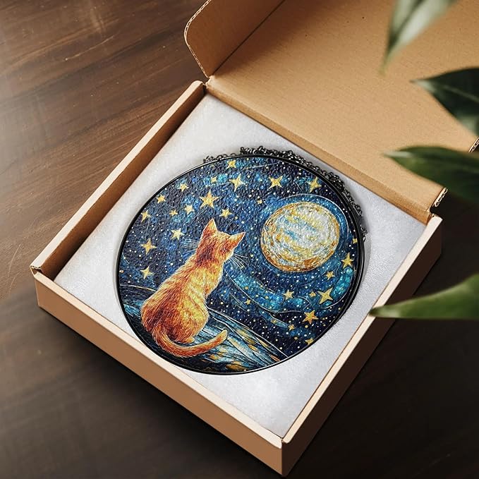 Orange Cat Stained Glass Suncatcher, Starry Night Orange Cat Lovers Gifts Window Hanging Garden Decor, Memorial Pet Loss Sympathy Gift Christmas Birthday for Grandma, Friends, Women