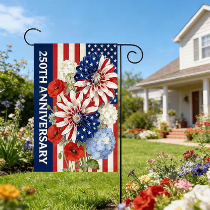 250th Anniversary Garden Flag 12x18 Inch Double Sided, 4th of July Garden Flag with Colorful Flower Design, Red White Blue USA Flags, Garden Decoration for Independence Day, Summer Yard Decor