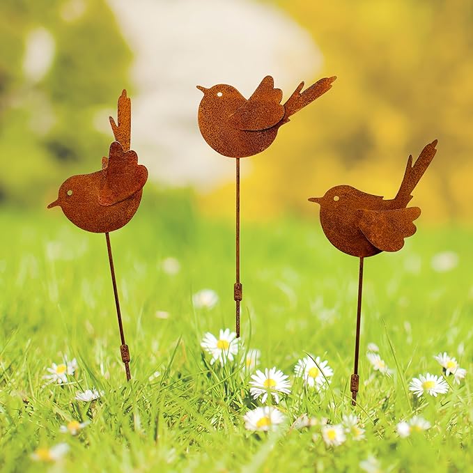3PCS Rusty Metal Bird Stake Cute Birds Kinetic Sculpture Metal Garden Animals Stake Garden Decor Gifts for Friends and Family