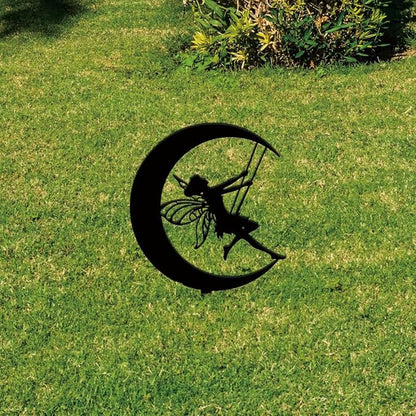SUPERDANT Fairy Garden Decor Moon Swing Black Silhouette Outdoor Lawn Pots Decor Elves Metal Garden Stakes Decorative Metal Yard Art for Yard Patio Trees Gift for Gardeners Mother's Day