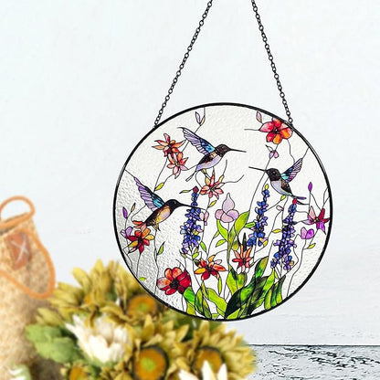 Hummingbirds and Wild Flowers Stained Glass Suncatcher, Handmade Window Hanging Wall Art with Chain, Real Glass Indoor Home Decor, Unique Sun Catcher Gift for Women, 7.8”