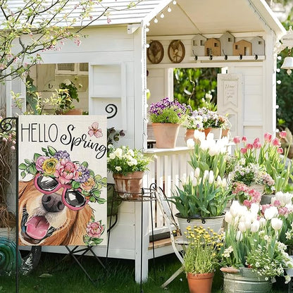 Hello Spring Garden Flags for Outside 12x18 Inch Double Sided, Dog with Flowers Hat Small Yard Decoration, Seasonal Summer Anniversary Wedding Decor for Farmhouse Holiday Outdoor