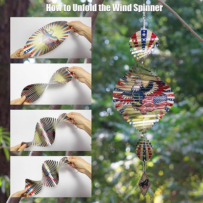 American Eagle Patriotic Helix Metal Wind Spinners for Yard and Garden,12 Inch 3D Stainless Steel Hanging Kinetic Yard Art Wind Sculpture Independence Day Decor Outdoor Indoor