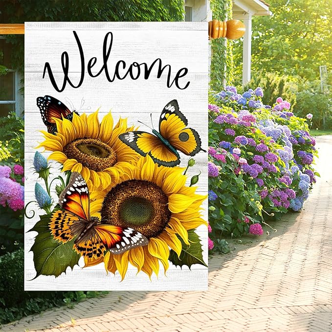 Summer Sunflower Butterfly Garden Flag 28x40 inch Double Sided Welcome Large House Flag, Outdoor Yard Flag for Porch Farmhouse Summer Decor