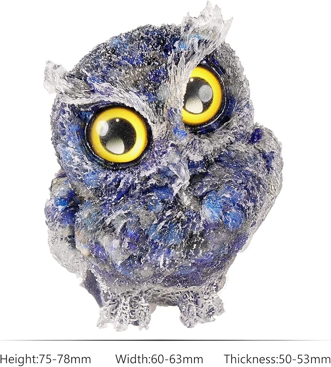 Nupuyai 3 inches Orgone Resin Crystal Chips Tumbled Stone Owl Statue, Mini Hand Carved Stone Crystal Animal Figurines for Tabletop Indoor Outdoor, Lapis Lazuli