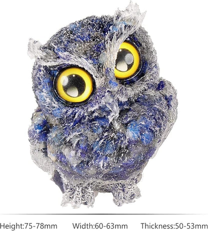 Nupuyai 3 inches Orgone Resin Crystal Chips Tumbled Stone Owl Statue, Mini Hand Carved Stone Crystal Animal Figurines for Tabletop Indoor Outdoor, Lapis Lazuli