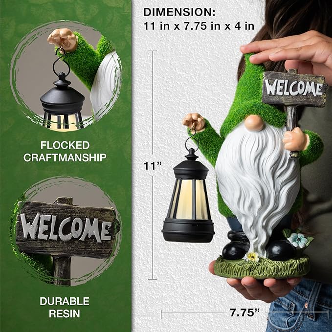 Garden Gnomes Outdoor with LED Solar Light - 11’’ Spring Season Gnome - Funny Decorations, Ornaments - Home, Yard, Patio, Solar Lantern Garden Statues - Housewarming, Birthday