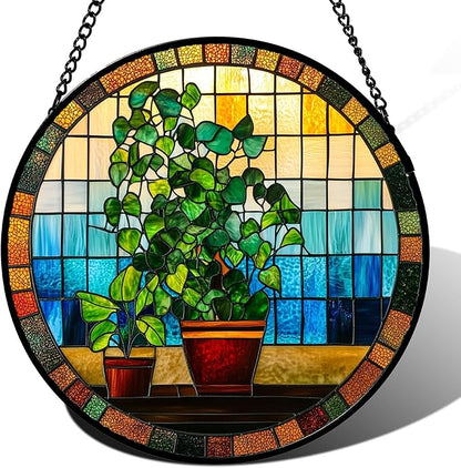Stained Glass Window Hanging Green Potted Plants 7.8" - Suncatcher Door Garden Sun Catcher Retro Home Decor Birthday Christmas for Mom Men Woman Nana Friend