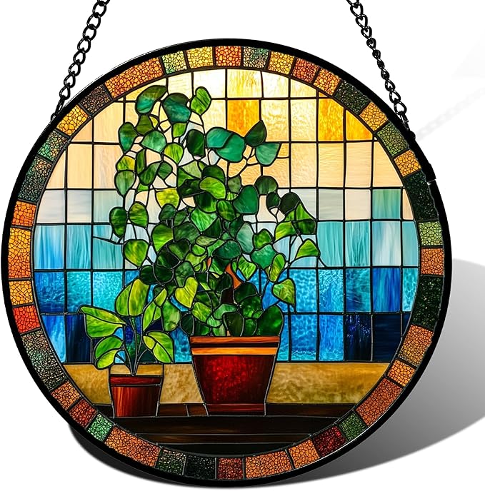 Stained Glass Window Hanging Green Potted Plants 9.8" - Suncatcher Door Garden Sun Catcher Retro Home Decor Birthday Christmas for Mom Men Woman Nana Friend