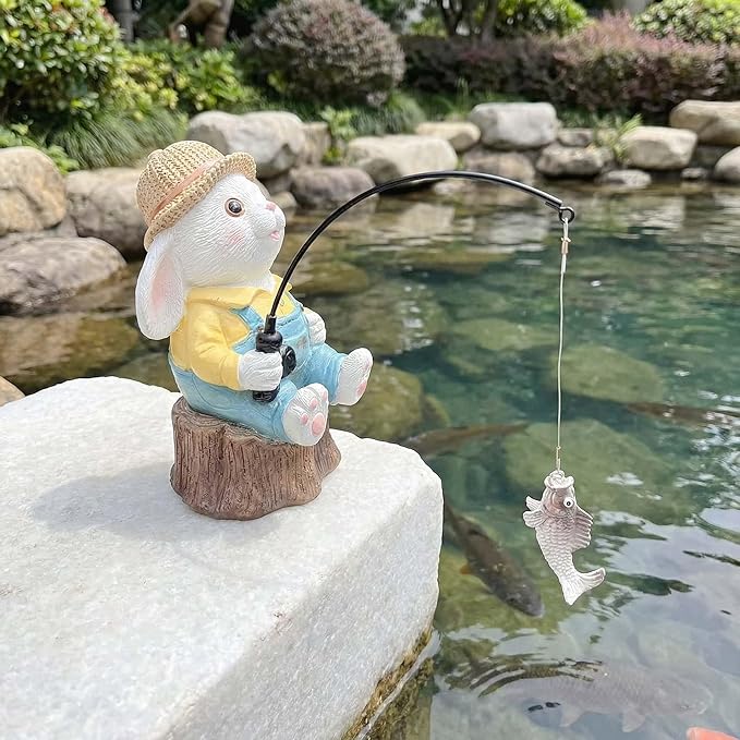Resin Rabbit Statue - Unique Pond Ornaments & Outdoor Garden Decor | Koi & Fish Pond Accessories | Handcrafted, Durable, Perfect for Koi Fish Decor & Pond Decor