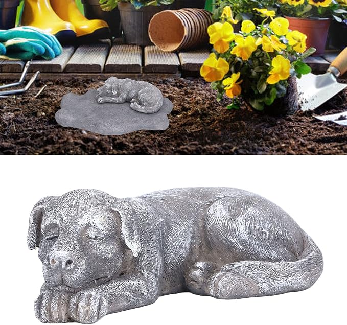 Hapivida Dog Garden Statue, Puppy Garden Memorial Stone Sleeping Dog Sculpture Decor Outdoor Resin Realistics Sculptures Grey