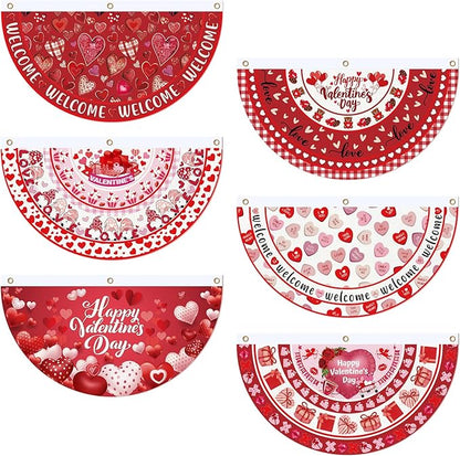 6 Pcs Valentine's Day Bunting Fan Flag Love Heart Bunting Banner Romantic Valentine's Day Garden Half Fan Banner Decoration Holiday Indoor Outdoor Yard Decor, 1.5 x 3 ft