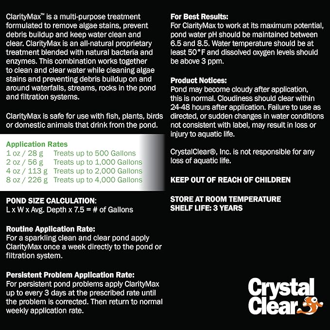 CrystalClear ClarityMax, All-in-One Pond Clarifier Treatment, All-Natural Beneficial Microbes & Enzymes Provide Max Clarity, Koi Fish & Pet Safe, Algae Stain Remover, Crystal Clear Water Garden 2.5 LB