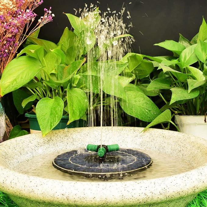 Generic Solar Fountain with RGB Lights, 23cm Glass Panel 1500mAh Rechargeable Battery 7 Nozzles 60cm Spray Height with 3 Suction Cups Color Changing LED for Bird Bath Pond Garden (6W Diameter 23CM)