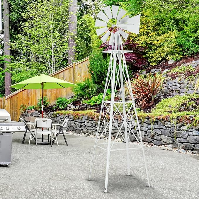 Metal Windmill for Garden Yard Decor, 8ft Tall Windmill Pinwheels Outdoor with Spinning Blades, Weather Vanes Lawn Ornaments, Weather-Resistant, White