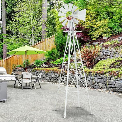Metal Windmill for Garden Yard Decor, 8ft Tall Windmill Pinwheels Outdoor with Spinning Blades, Weather Vanes Lawn Ornaments, Weather-Resistant, White