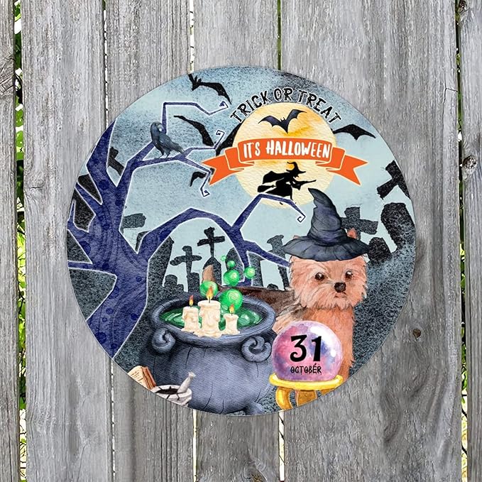 Retro Metal Sign 12"x12",Happy Halloween Scary Night Grave Witch Bats Trick Or Treat Dog Aluminum Tin Metal Sign for Home Living Room Bedroom Garden Farm Patio Decor Wall Art Poster