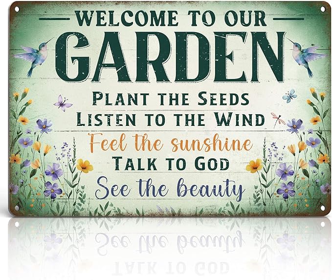 Garden Signs Garden Decor for Outside - Welcome To Our Garden Tin Sign, Vintage Gardening Signs Gifts for Plant Lovers Women Gardeners 12x8 Inch