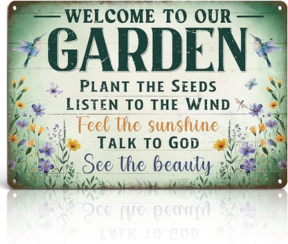Garden Signs Garden Decor for Outside - Welcome To Our Garden Tin Sign, Vintage Gardening Signs Gifts for Plant Lovers Women Gardeners 12x8 Inch