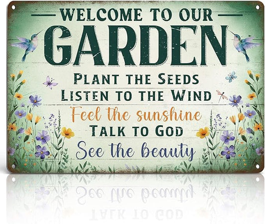 Garden Signs Garden Decor for Outside - Welcome To Our Garden Tin Sign, Vintage Gardening Signs Gifts for Plant Lovers Women Gardeners 12x8 Inch