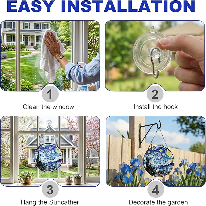 Hanging Stained Glass for Windows,20cm/7.87inch Van Gogh Starry Night Stained Glass Suncatcher with Chain Garden Diamond Glass Panel Hangings Decoration for Home Decor Gifts for Family Friends
