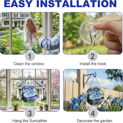 Hanging Stained Glass for Windows,20cm/7.87inch Van Gogh Starry Night Stained Glass Suncatcher with Chain Garden Diamond Glass Panel Hangings Decoration for Home Decor Gifts for Family Friends