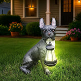 Frenchie Chic Entry Accent with Solar Lantern & Double-Sided Sign, Sitting Black French Bulldog Statue for Porch Seating, Hallway & Patio