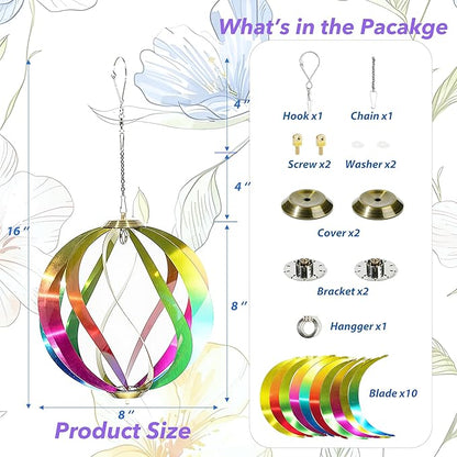 Hanging Wind Spinners Outdoor - Tool-Free Assembly Garden Wind Spinners, Spring Metal Yard Decor with Dual Hooks for DIY Accessories, Weatherproof Rust-Resistant 3D Ball(Rainbow, 8 Inch)