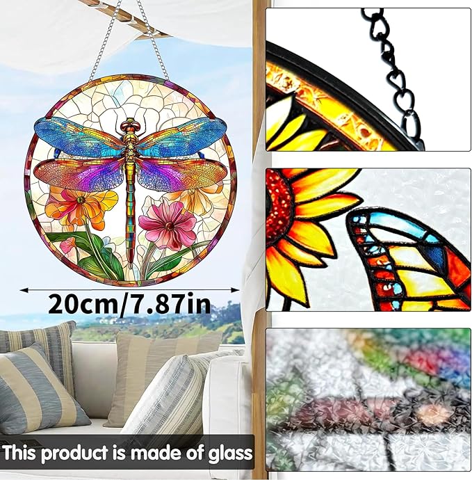 VAIIEYO Dragonfly Sun Catcher Stained Glass Window Hanging Ornament, Handmade Sun Catcher Animal Decoration with Hooks for Window Garden Home, Mother's Day & Birthday Housewarming Gift (7.8 inch)