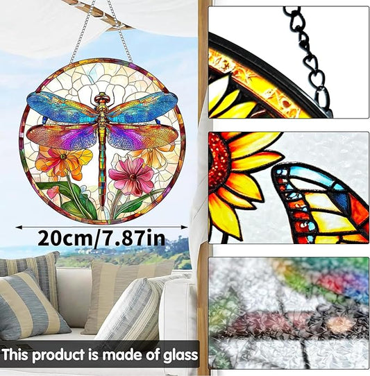VAIIEYO Dragonfly Sun Catcher Stained Glass Window Hanging Ornament, Handmade Sun Catcher Animal Decoration with Hooks for Window Garden Home, Mother's Day & Birthday Housewarming Gift (7.8 inch)