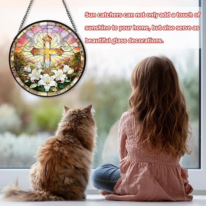 Cross Stained Glass Window Hanging, Flower Suncatcher Diamond Glass Panel Hangings, Sun Catchers Indoor Windows Wall Art Decor, Pastor Christian Gift, for Home Office 7.87 inches