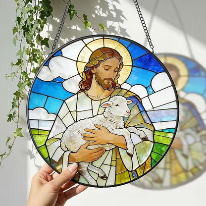 Stained Glass Window Hanging 7.9'' Jesus and Sheep Sun Catchers Stained Glass Suncatcher for Windows He is Risen Resurrection of Jesus Gift for Religious Christian Gifts Home Decor