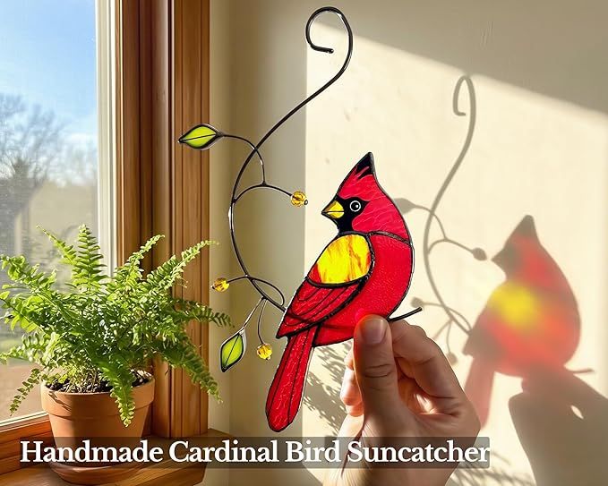 Cardinal Stained Glass Sun Catcher Window Hanging - Handmade Memorial Gifts for Grandma, Women, Mothers Day Ornament (Gifts Ready Packaging) - Red Bird Stain Glass Suncatcher Indoor Decor