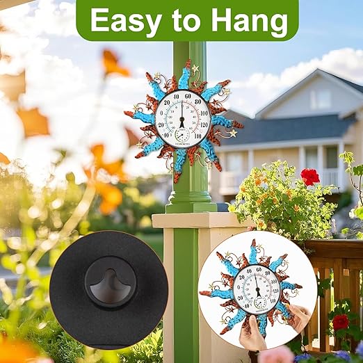 pealstar Waterproof Indoor Outdoor Thermometer 13 Inch Large Wall Thermometer with Hygrometer Decorative Metal Sun Outdoor Thermometers for Patio Garden Yard Living Room Decor
