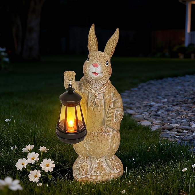 Dr. Bunny Solar Garden Statue, Rabbit Figurine with Glowing Lantern, Handcrafted Resin Outdoor Decor for Patio, Balcony, Yard, Gift for Women, Housewarming, Birthday